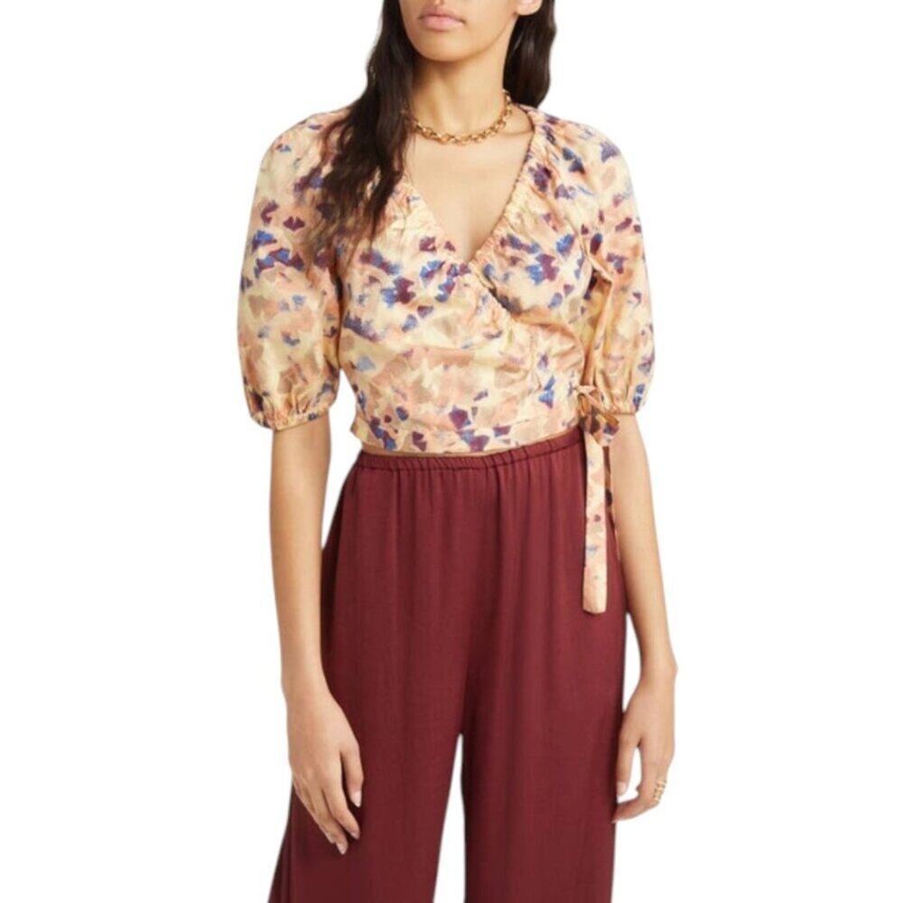 Open Edit Puff Sleeve Wrap Blouse Yellow Floral Size Medium NWOT $59 MSRP